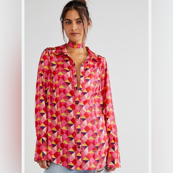 Free People La La Printed Geometric Pink/Rose Button-Up Shirt size XL - Picture 1 of 13